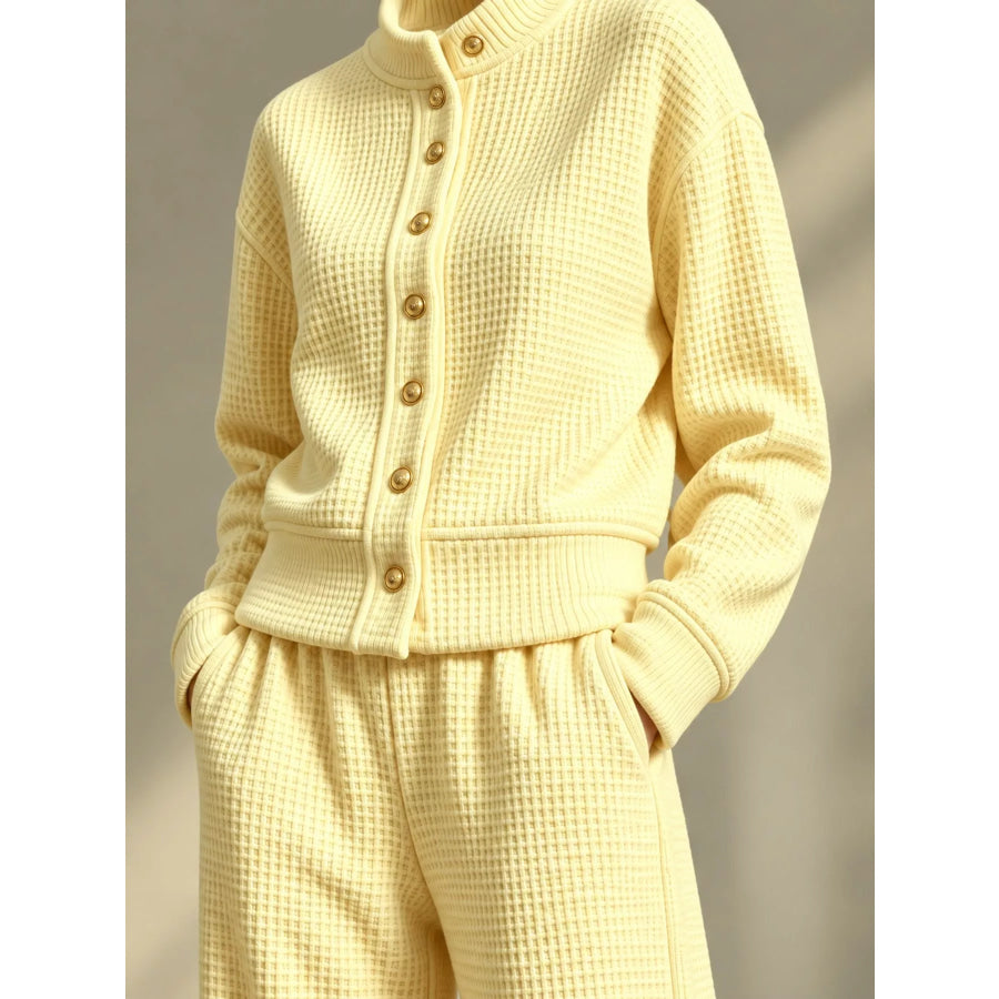 Waffle Knit Button-Up Outerwear and Wide-Leg Pants Set Apparel Accessories