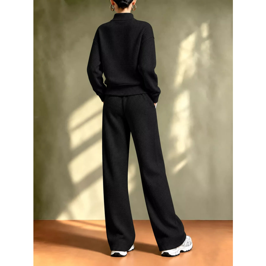 Waffle Knit Button-Up Outerwear and Wide-Leg Pants Set Apparel Accessories