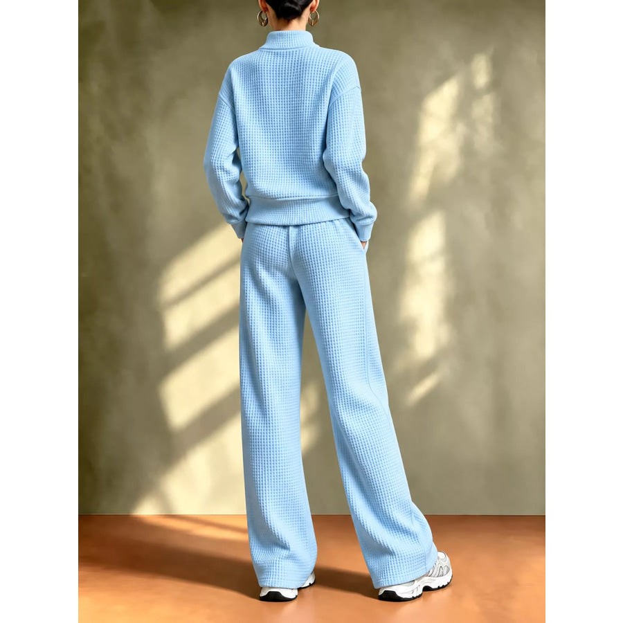 Waffle Knit Button-Up Outerwear and Wide-Leg Pants Set Apparel Accessories