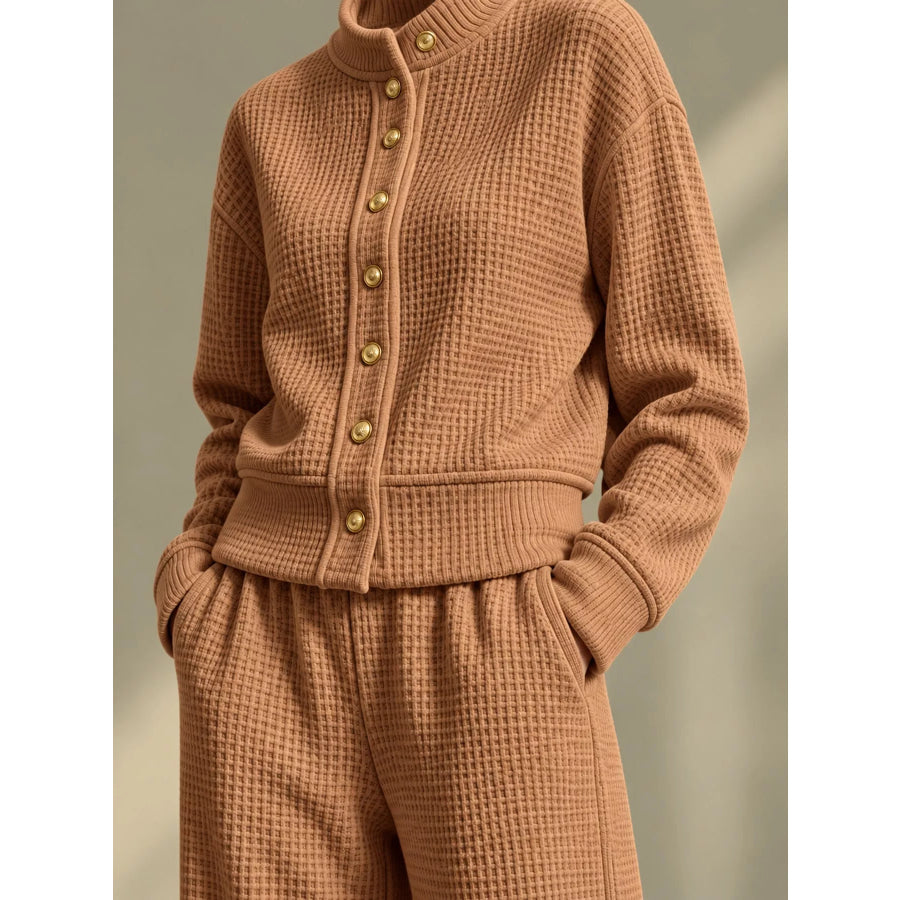 Waffle Knit Button-Up Outerwear and Wide-Leg Pants Set Apparel Accessories