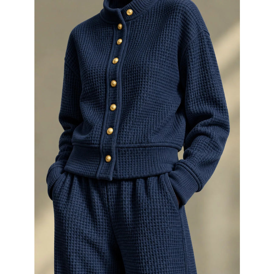 Waffle Knit Button-Up Outerwear and Wide-Leg Pants Set Apparel Accessories