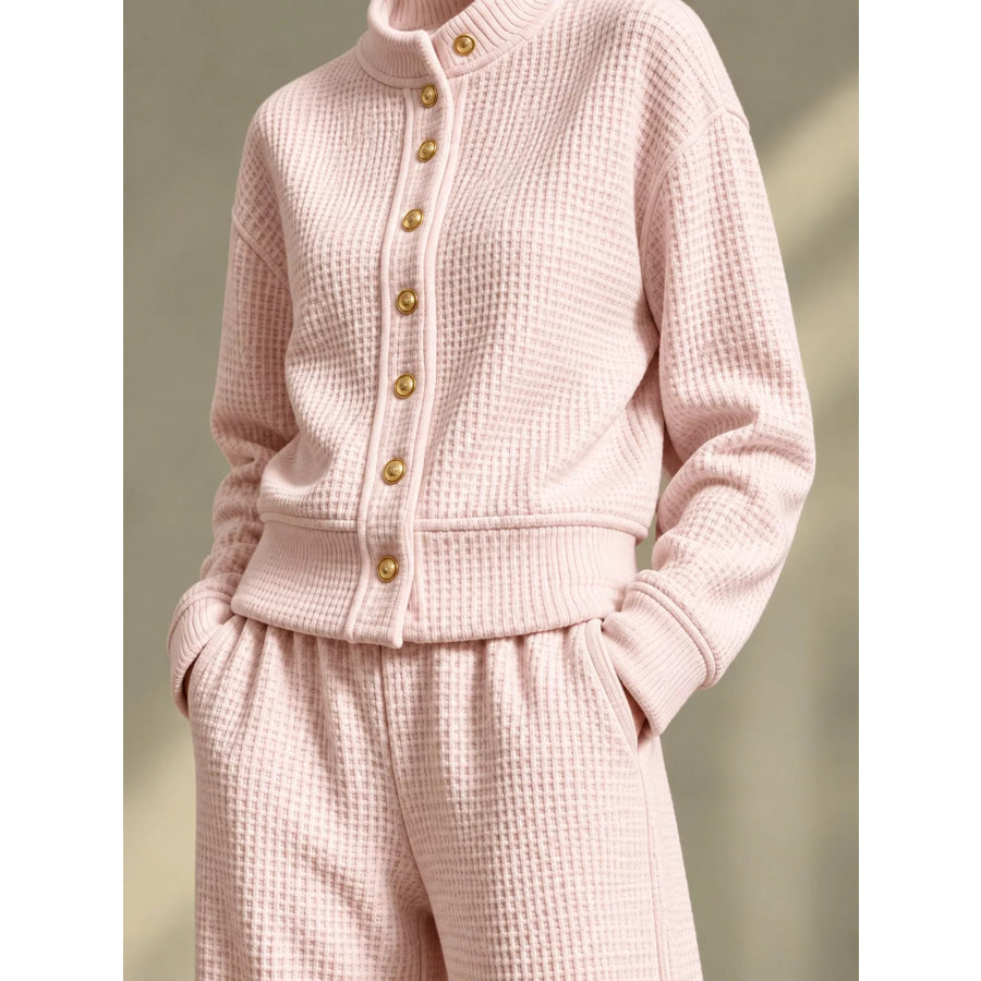 Waffle Knit Button-Up Outerwear and Wide-Leg Pants Set Apparel Accessories