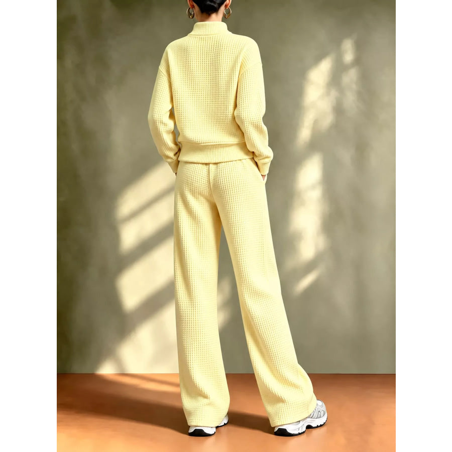 Waffle Knit Button-Up Outerwear and Wide-Leg Pants Set Apparel Accessories