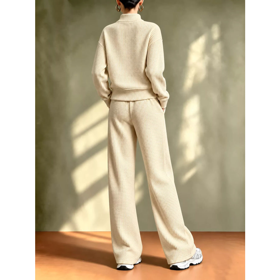 Waffle Knit Button-Up Outerwear and Wide-Leg Pants Set Apparel Accessories