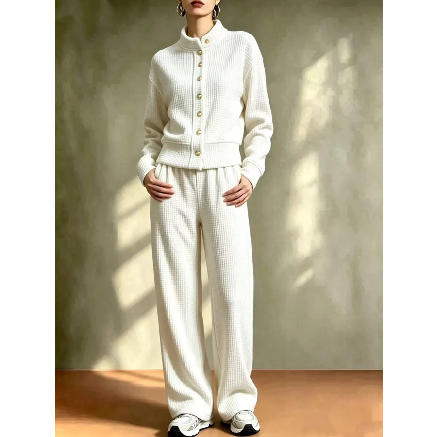 Waffle Knit Button-Up Outerwear and Wide-Leg Pants Set White / S Apparel Accessories