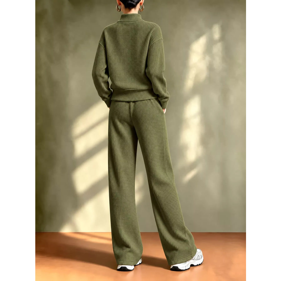 Waffle Knit Button-Up Outerwear and Wide-Leg Pants Set Apparel Accessories
