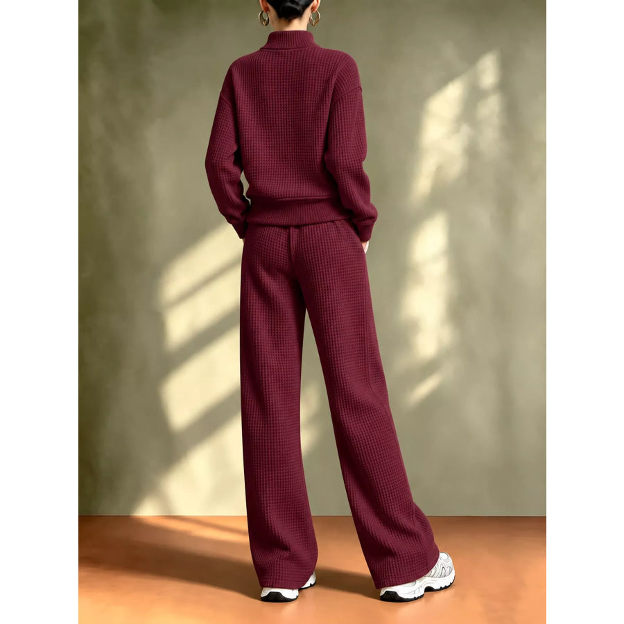 Waffle Knit Button-Up Outerwear and Wide-Leg Pants Set Apparel Accessories