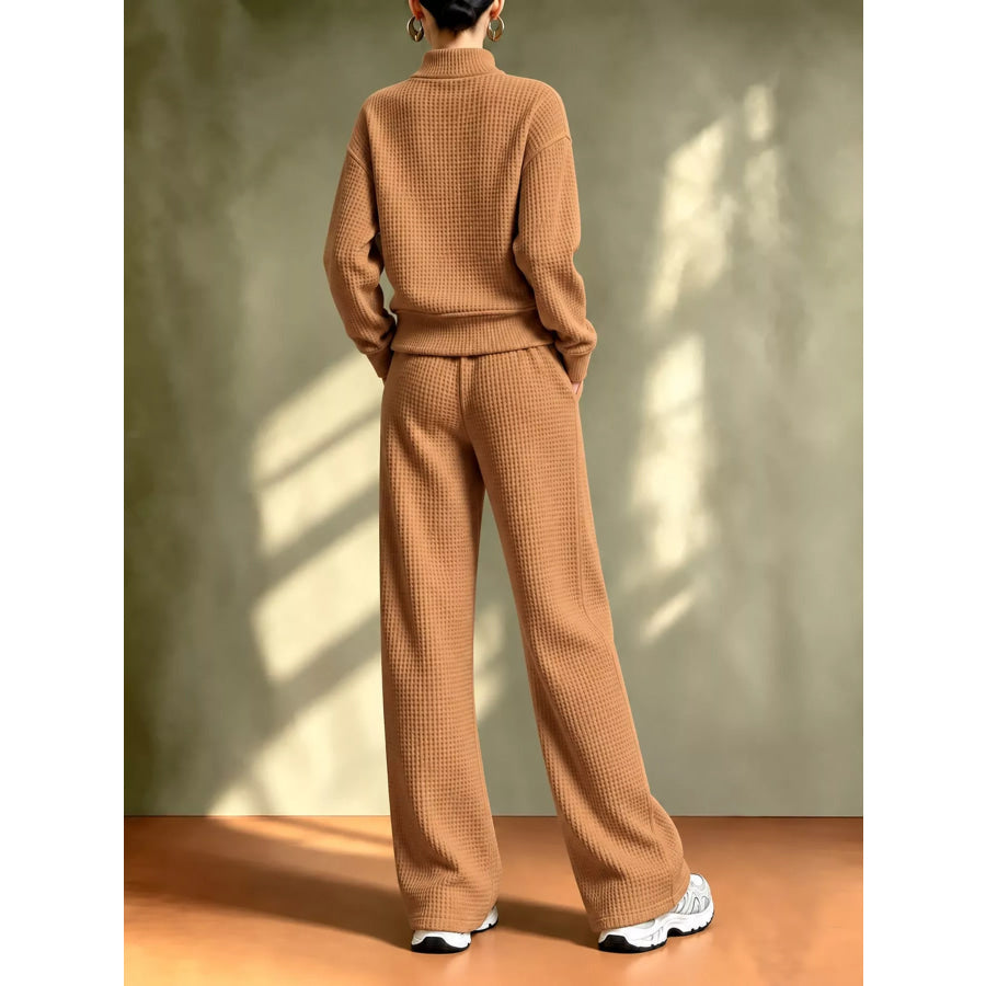 Waffle Knit Button-Up Outerwear and Wide-Leg Pants Set Apparel Accessories