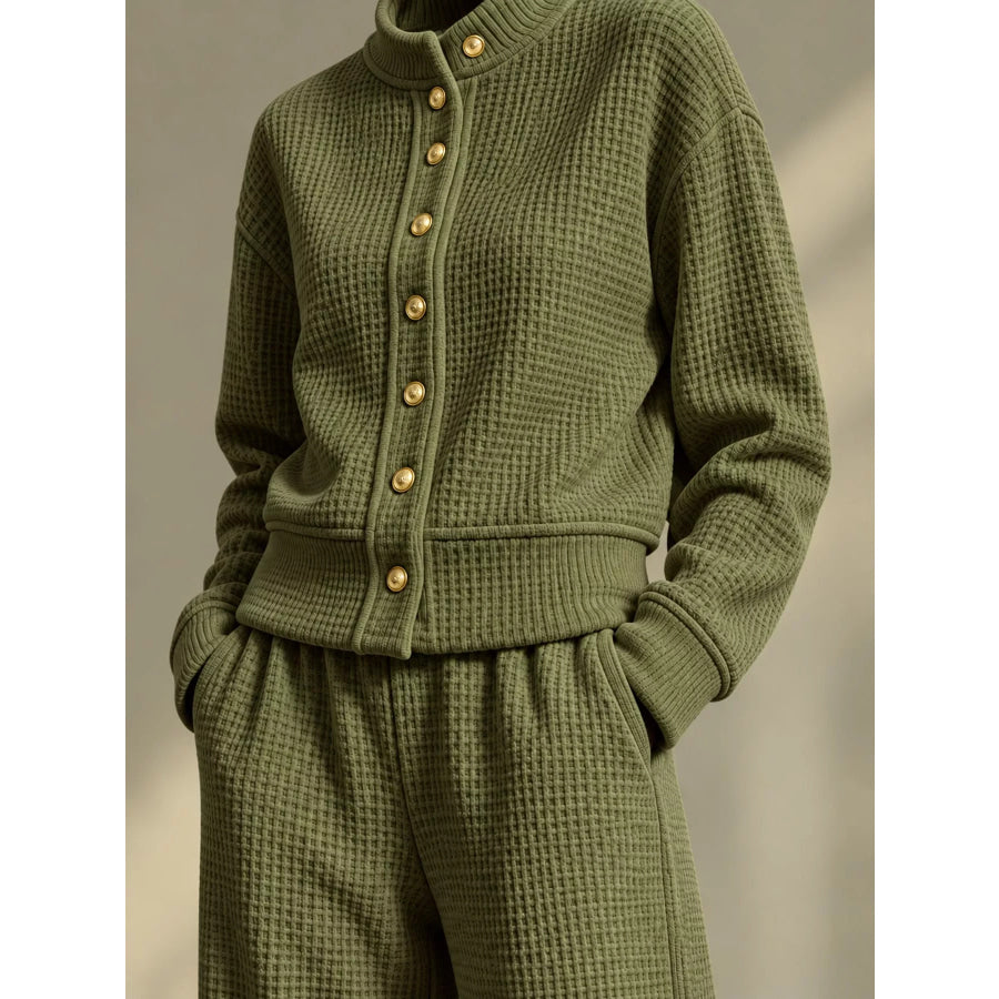Waffle Knit Button-Up Outerwear and Wide-Leg Pants Set Apparel Accessories