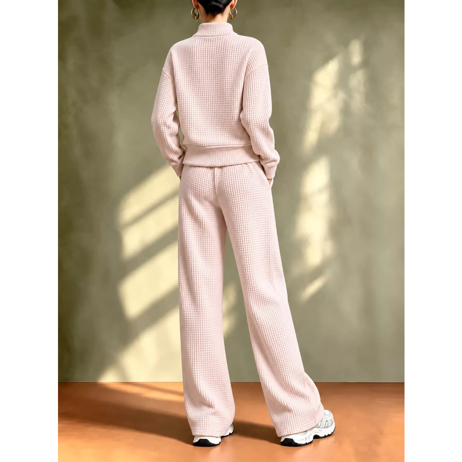 Waffle Knit Button-Up Outerwear and Wide-Leg Pants Set Apparel Accessories