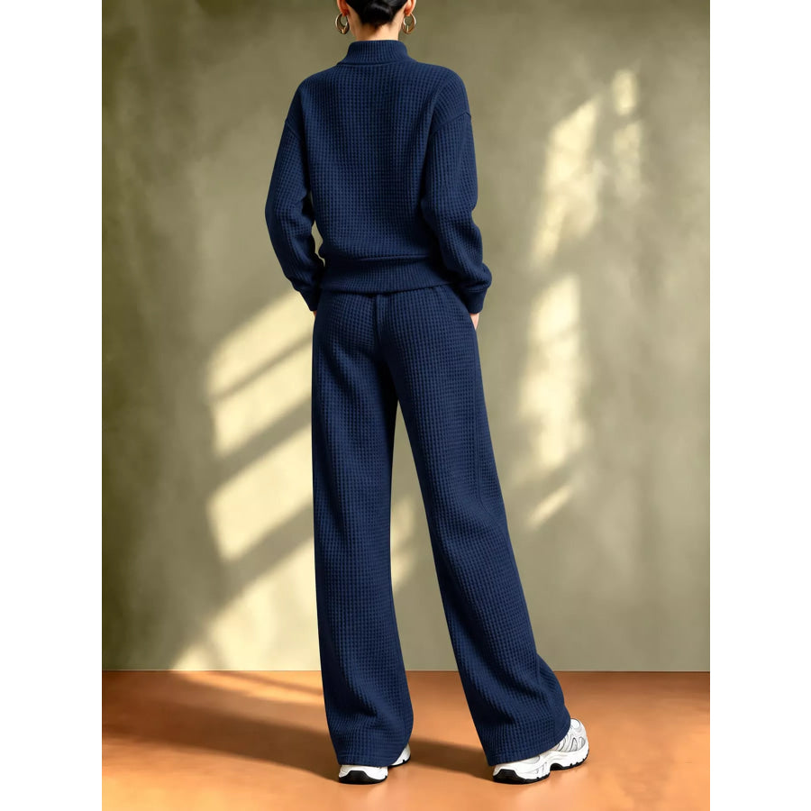 Waffle Knit Button-Up Outerwear and Wide-Leg Pants Set Apparel Accessories