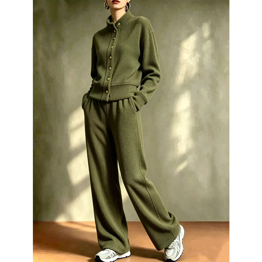 Waffle Knit Button-Up Outerwear and Wide-Leg Pants Set Army Green / S Apparel Accessories
