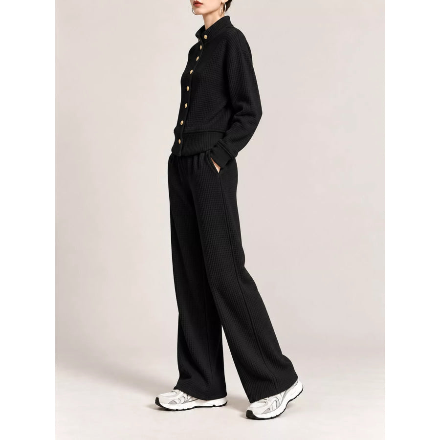Waffle Knit Button-Up Outerwear and Wide-Leg Pants Set Black / S Apparel Accessories