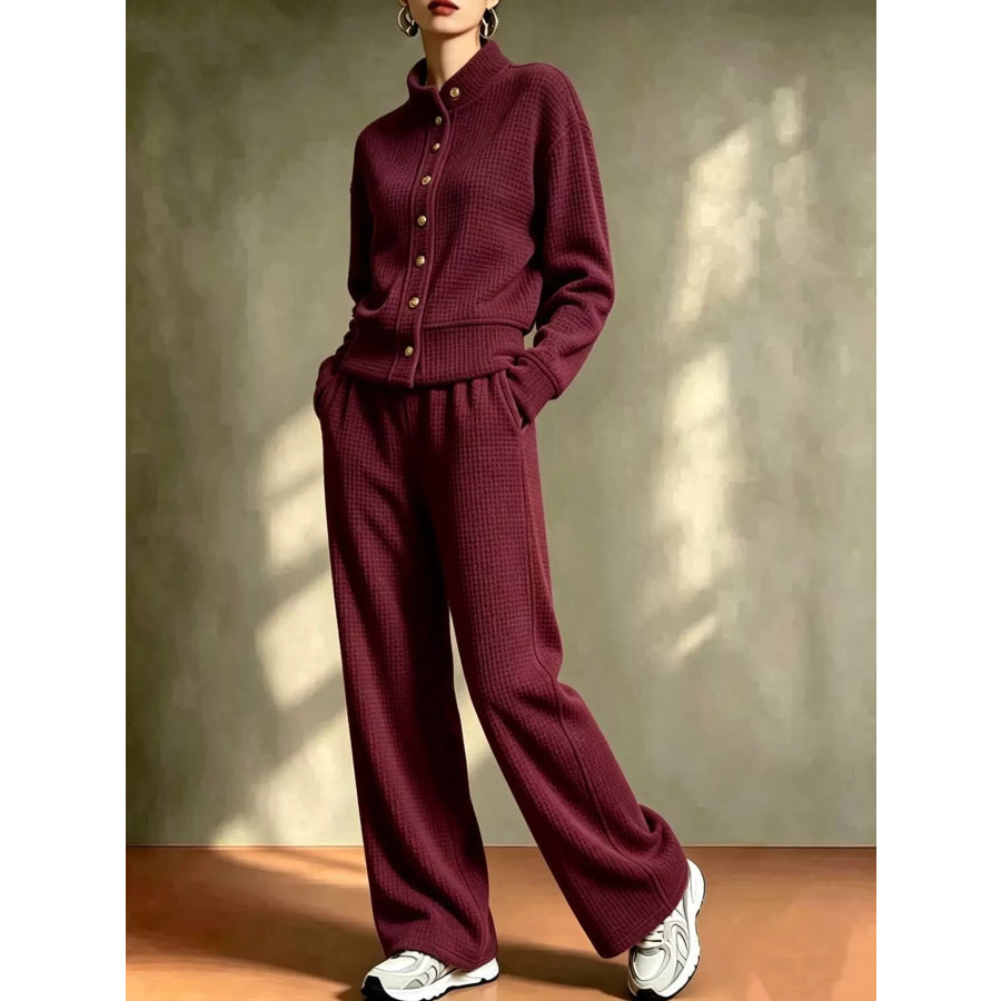 Waffle Knit Button-Up Outerwear and Wide-Leg Pants Set Burgundy / S Apparel Accessories