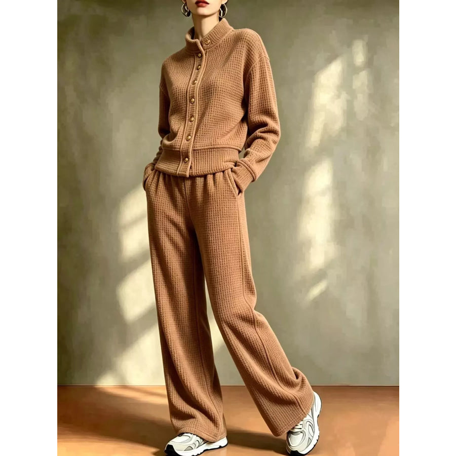 Waffle Knit Button-Up Outerwear and Wide-Leg Pants Set Camel / S Apparel Accessories