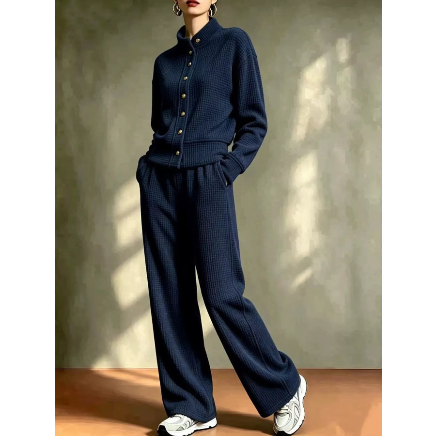 Waffle Knit Button-Up Outerwear and Wide-Leg Pants Set Navy Blue / S Apparel Accessories