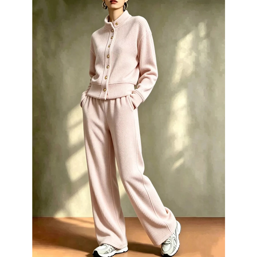 Waffle Knit Button-Up Outerwear and Wide-Leg Pants Set Pink / S Apparel Accessories