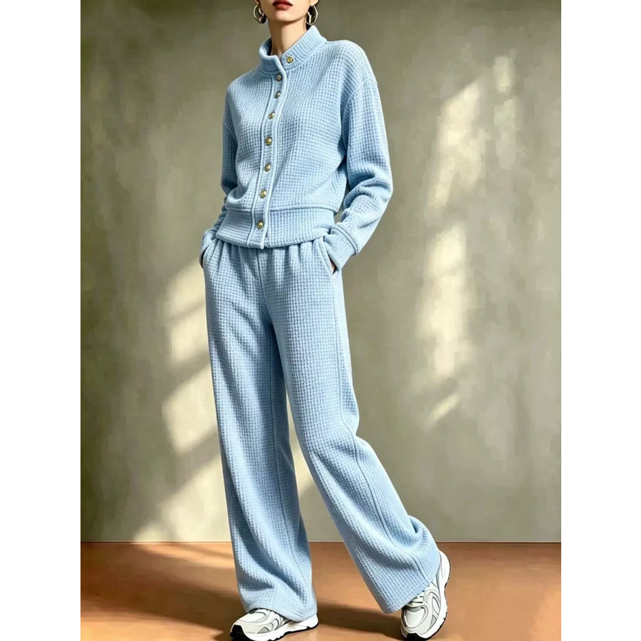 Waffle Knit Button-Up Outerwear and Wide-Leg Pants Set Sky Blue / S Apparel Accessories