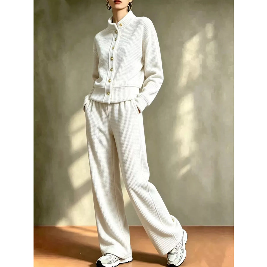 Waffle Knit Button-Up Outerwear and Wide-Leg Pants Set White / S Apparel Accessories