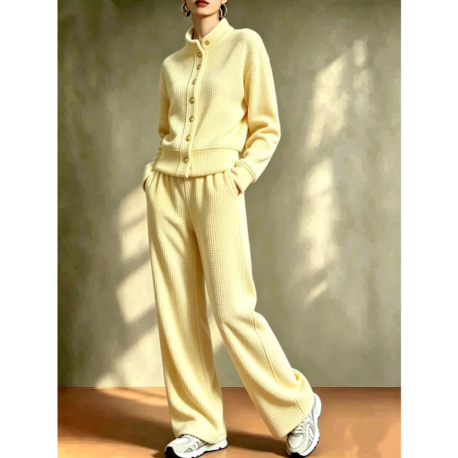 Waffle Knit Button-Up Outerwear and Wide-Leg Pants Set Yellow / S Apparel Accessories
