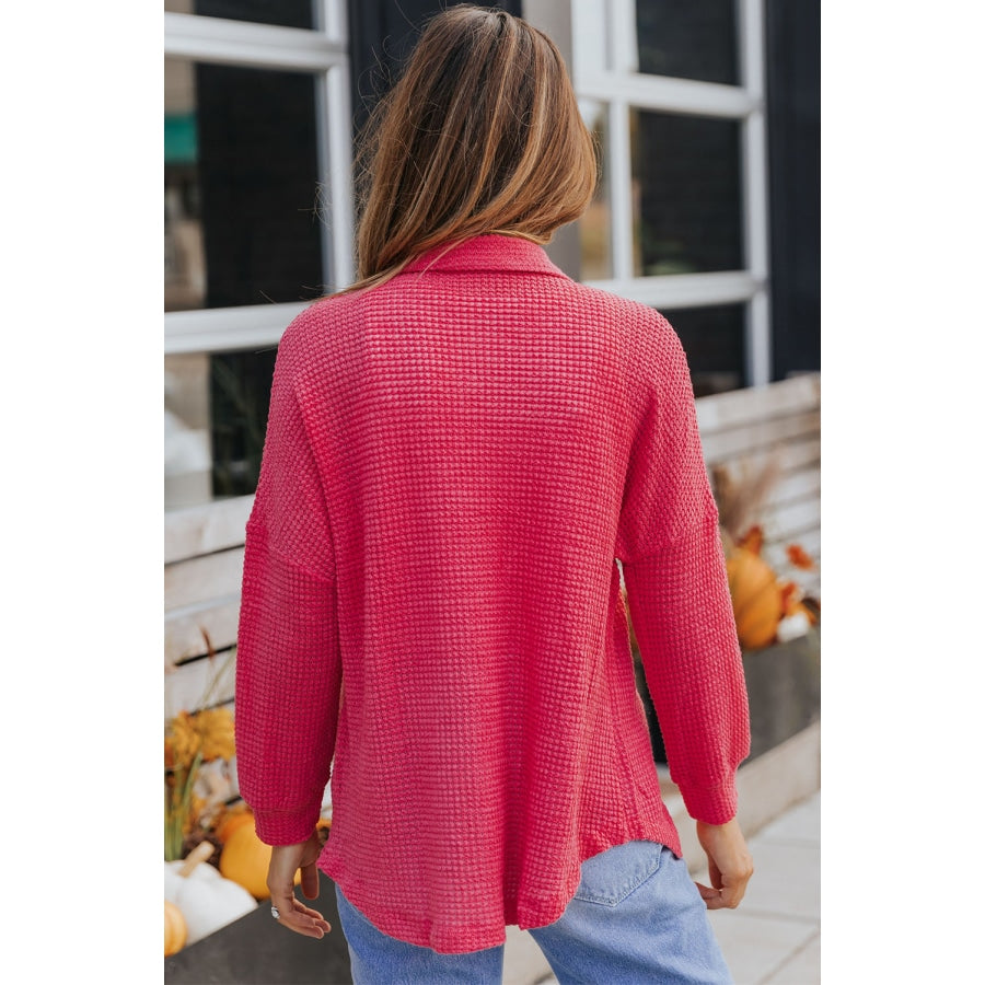 Waffle-knit Collared Neck Dropped Shoulder Shirt