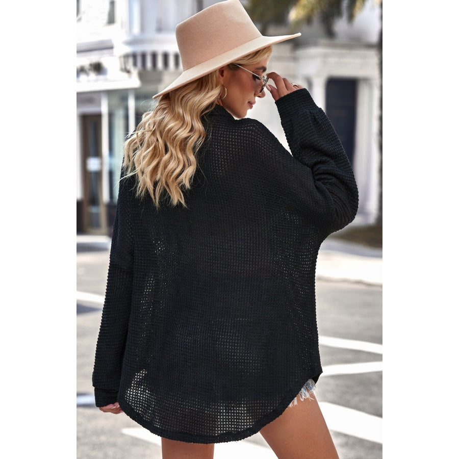 Waffle-knit Collared Neck Dropped Shoulder Shirt