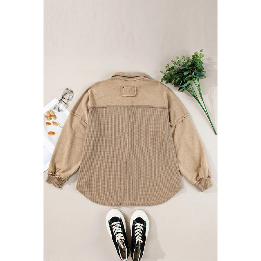 Waffle-Knit Collared Neck Long Sleeve Shacket Apparel and Accessories