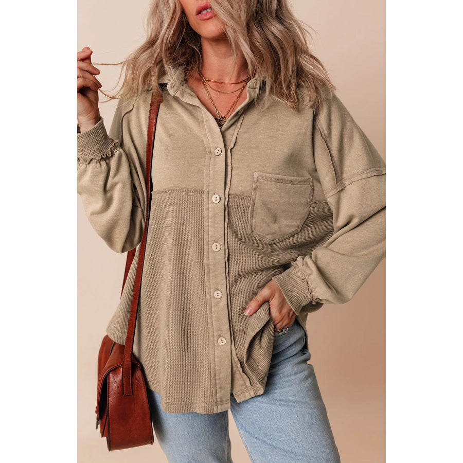 Waffle-Knit Collared Neck Long Sleeve Shacket Tan / S Apparel and Accessories