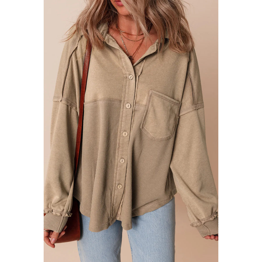 Waffle-Knit Collared Neck Long Sleeve Shacket Tan / S Apparel and Accessories