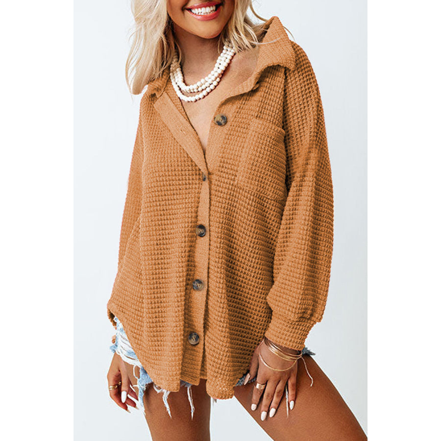 Waffle-Knit Collared Neck Long Sleeve Shirt Apparel and Accessories