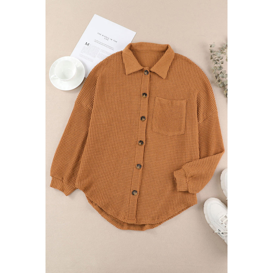 Waffle-Knit Collared Neck Long Sleeve Shirt Apparel and Accessories