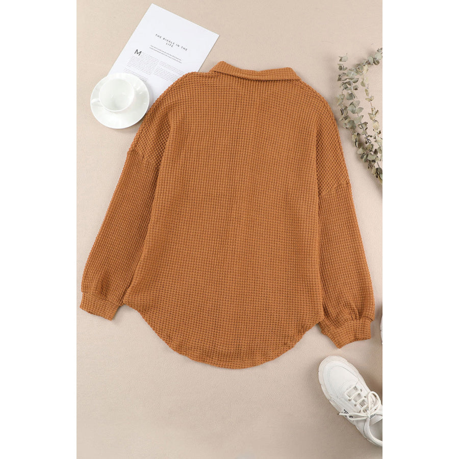 Waffle-Knit Collared Neck Long Sleeve Shirt Apparel and Accessories