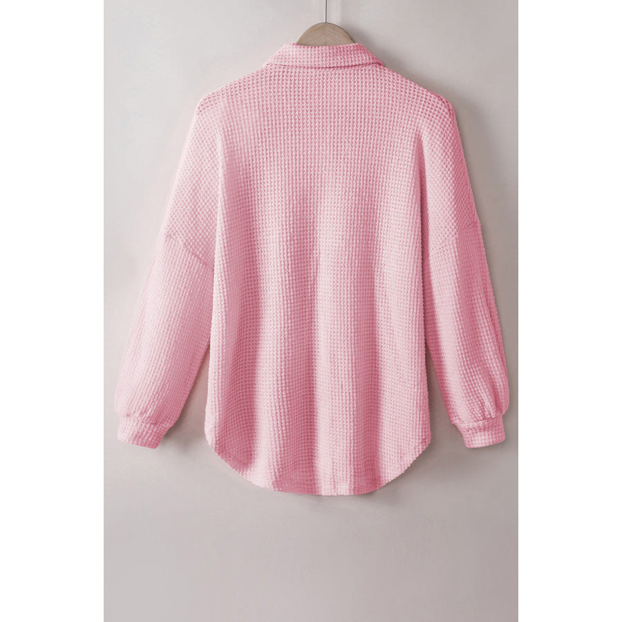 Waffle-Knit Collared Neck Long Sleeve Shirt Apparel and Accessories