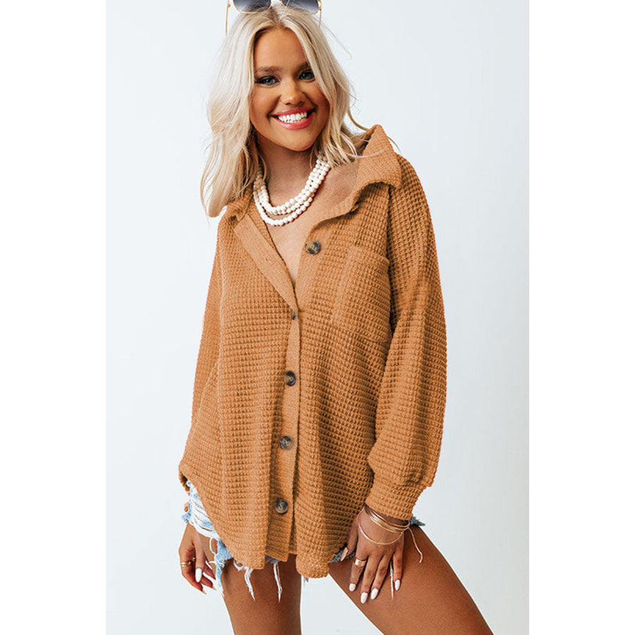 Waffle-Knit Collared Neck Long Sleeve Shirt Apparel and Accessories