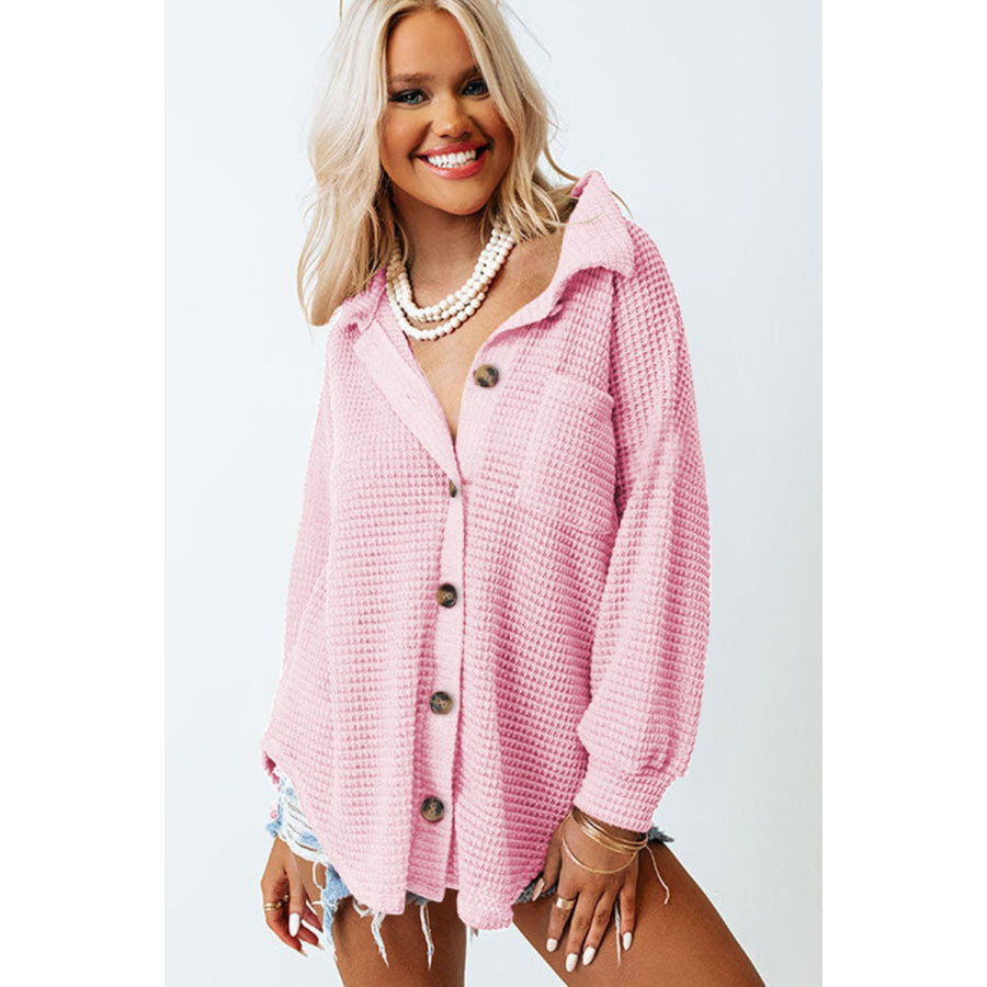 Waffle-Knit Collared Neck Long Sleeve Shirt Apparel and Accessories