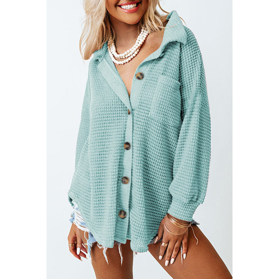 Waffle-Knit Collared Neck Long Sleeve Shirt Apparel and Accessories