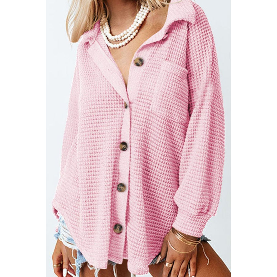 Waffle-Knit Collared Neck Long Sleeve Shirt Blush Pink / S Apparel and Accessories