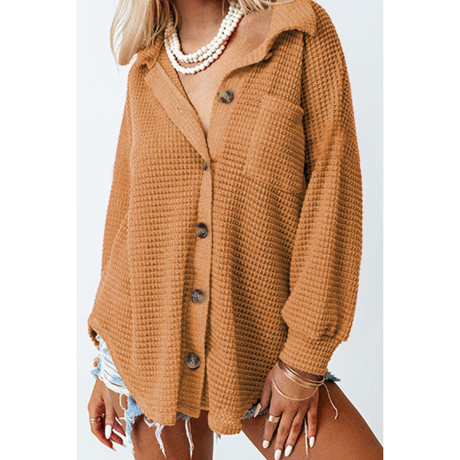 Waffle-Knit Collared Neck Long Sleeve Shirt Caramel / S Apparel and Accessories