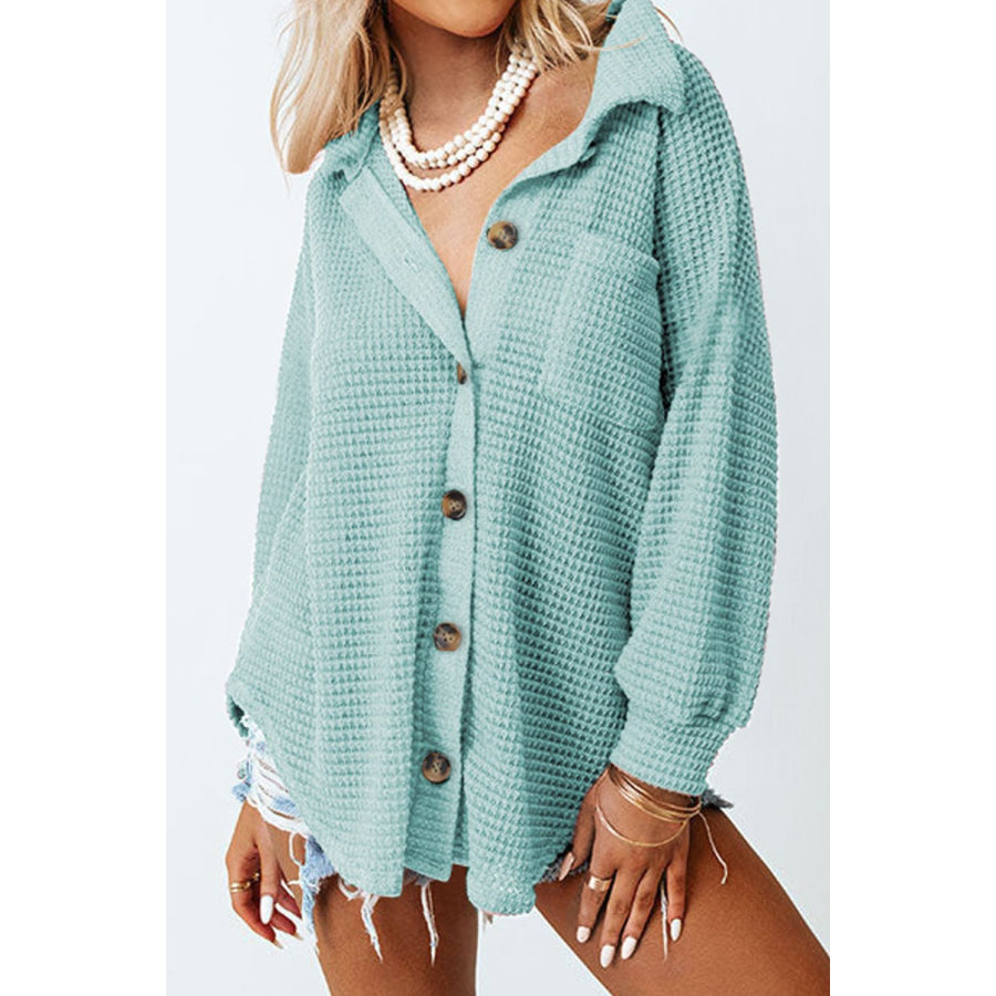 Waffle-Knit Collared Neck Long Sleeve Shirt Light Green / S Apparel and Accessories