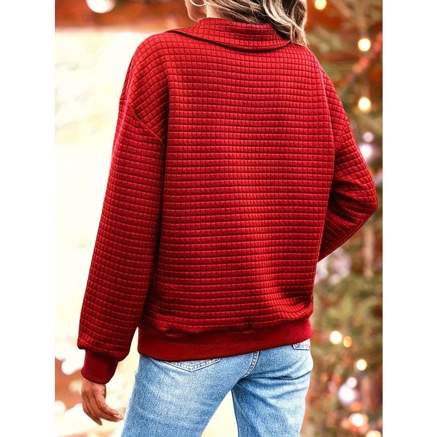 Waffle-Knit Collared Neck Long Sleeve Sweatshirt Apparel and Accessories