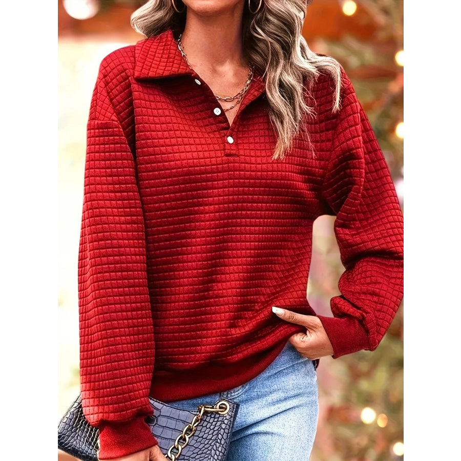 Waffle-Knit Collared Neck Long Sleeve Sweatshirt Apparel and Accessories