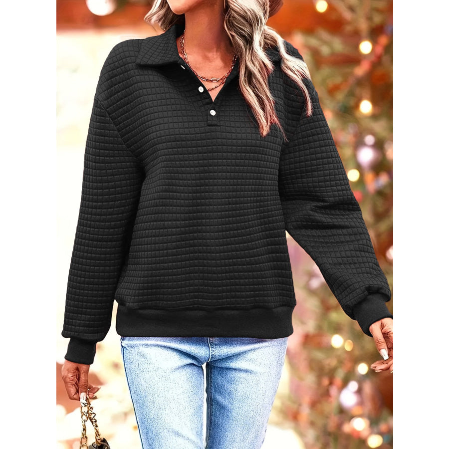 Waffle-Knit Collared Neck Long Sleeve Sweatshirt Apparel and Accessories