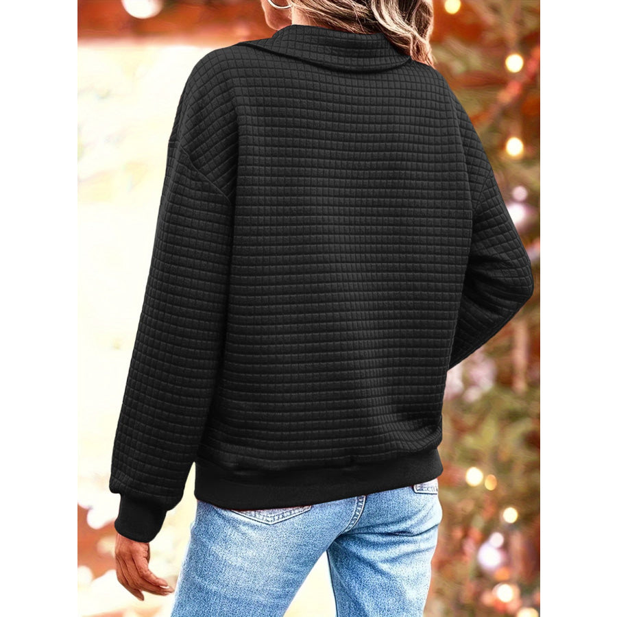 Waffle-Knit Collared Neck Long Sleeve Sweatshirt Apparel and Accessories