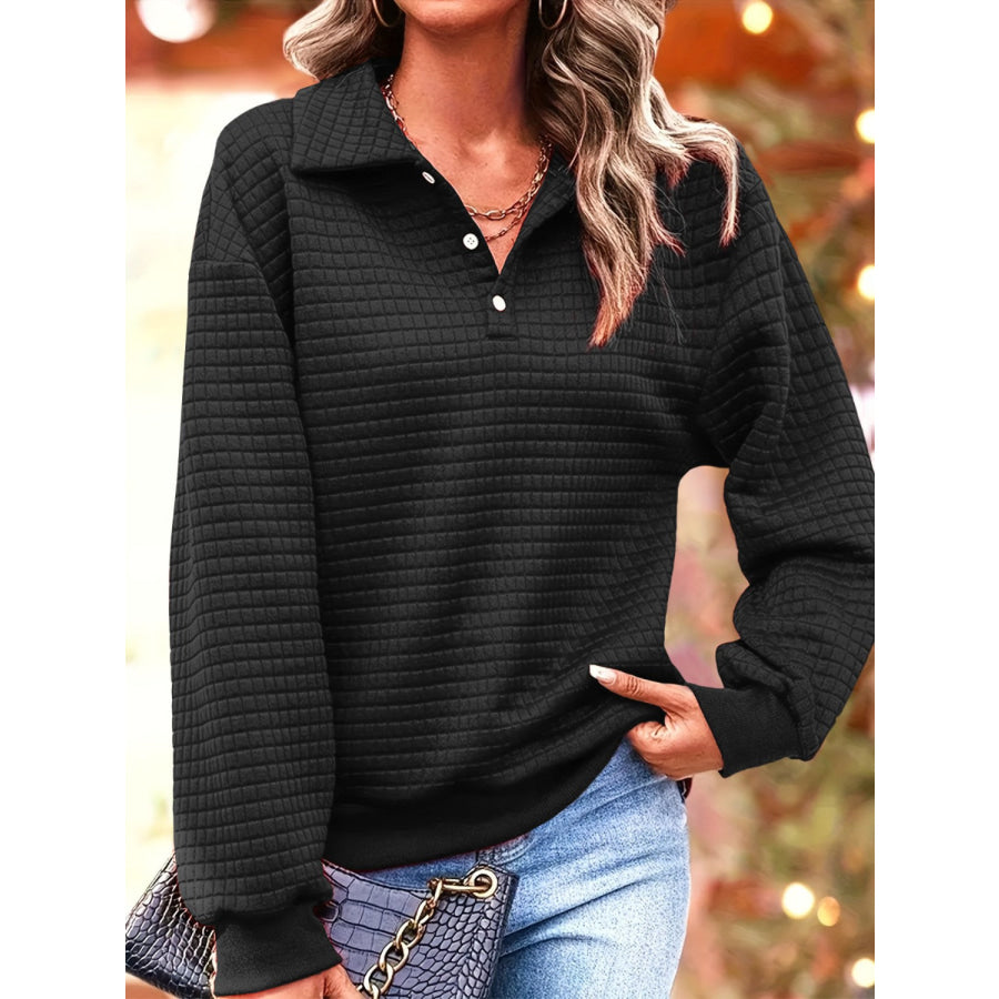 Waffle-Knit Collared Neck Long Sleeve Sweatshirt Black / S Apparel and Accessories