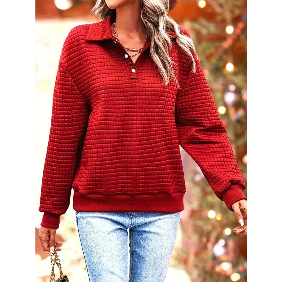 Waffle-Knit Collared Neck Long Sleeve Sweatshirt Deep Red / S Apparel and Accessories