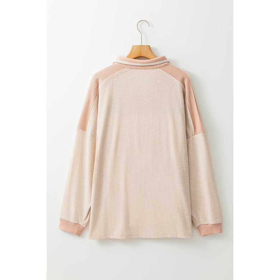 Waffle-Knit Color Block Half Button Long Sleeve Top Apparel and Accessories