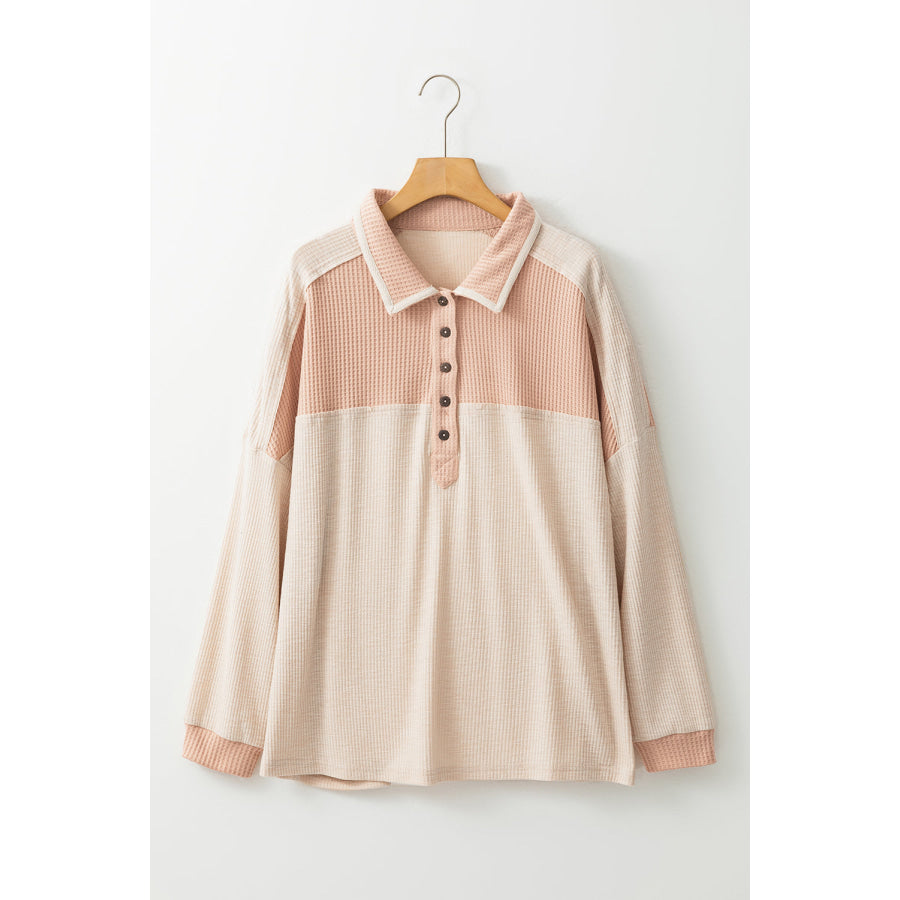 Waffle-Knit Color Block Half Button Long Sleeve Top Apparel and Accessories