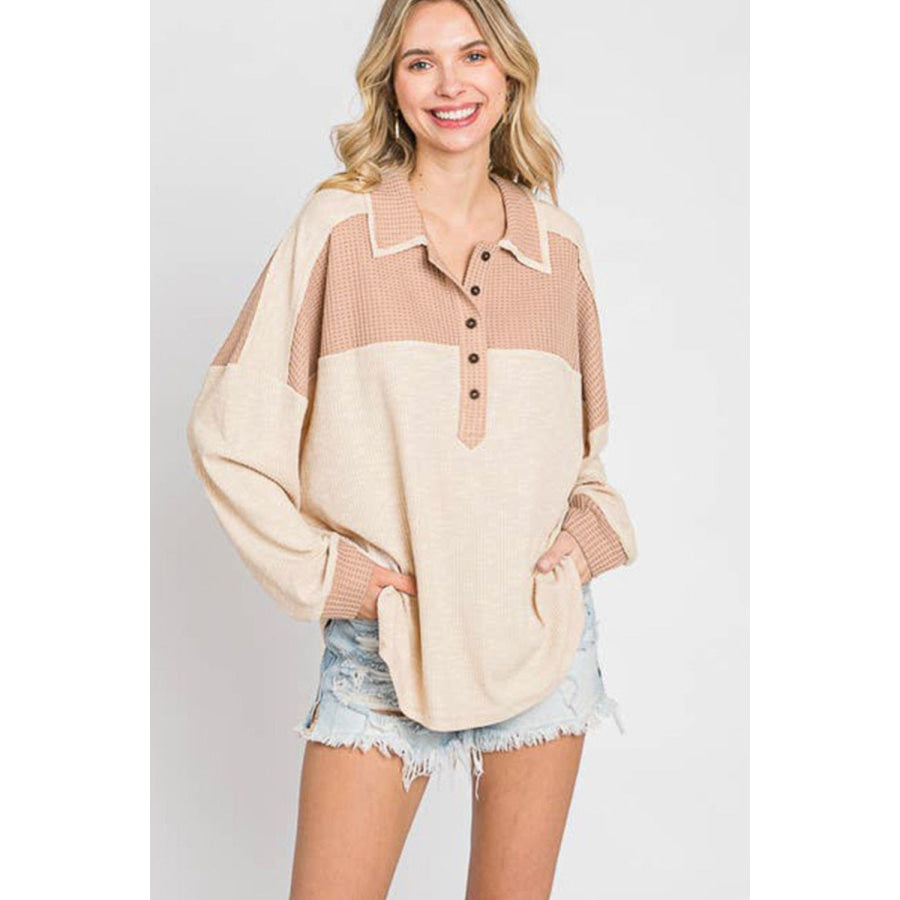 Waffle-Knit Color Block Half Button Long Sleeve Top Apparel and Accessories