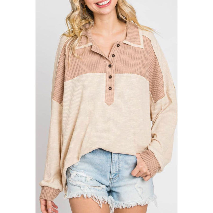 Waffle-Knit Color Block Half Button Long Sleeve Top Eggshell / S Apparel and Accessories
