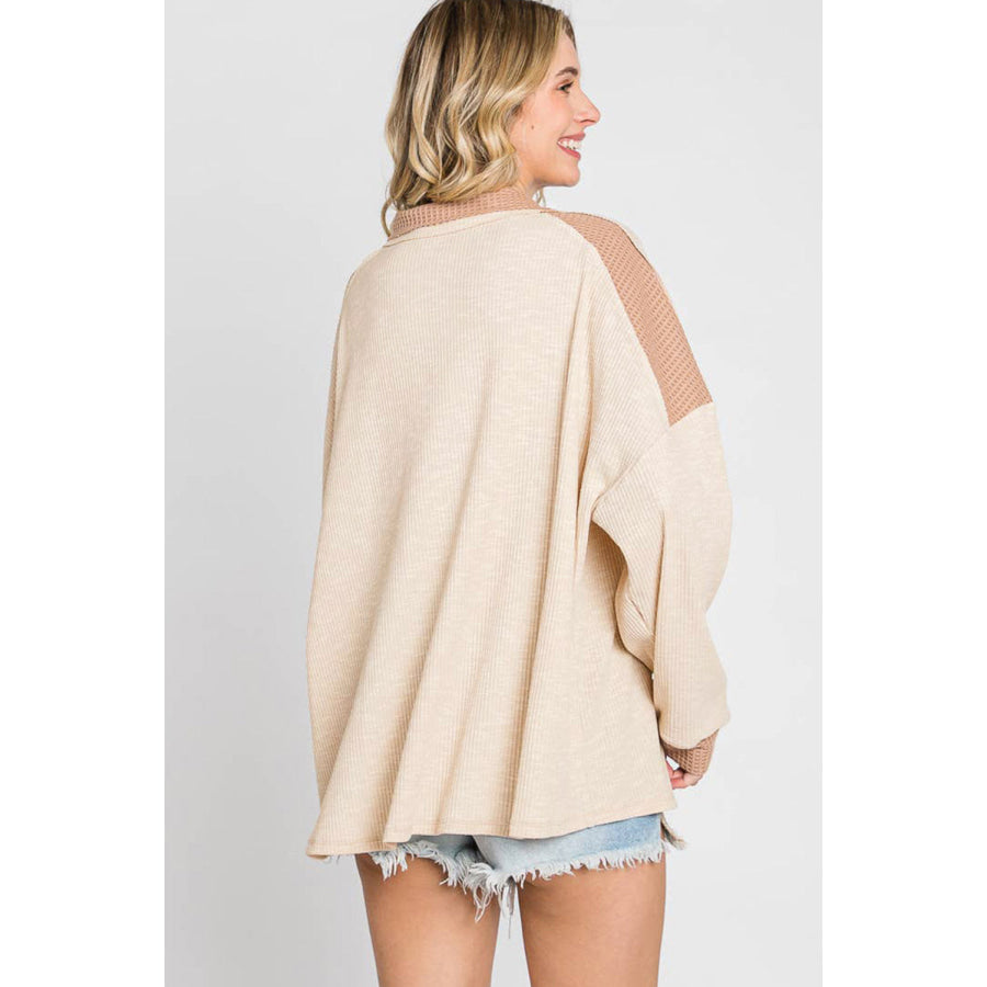 Waffle-Knit Color Block Half Button Long Sleeve Top Apparel and Accessories